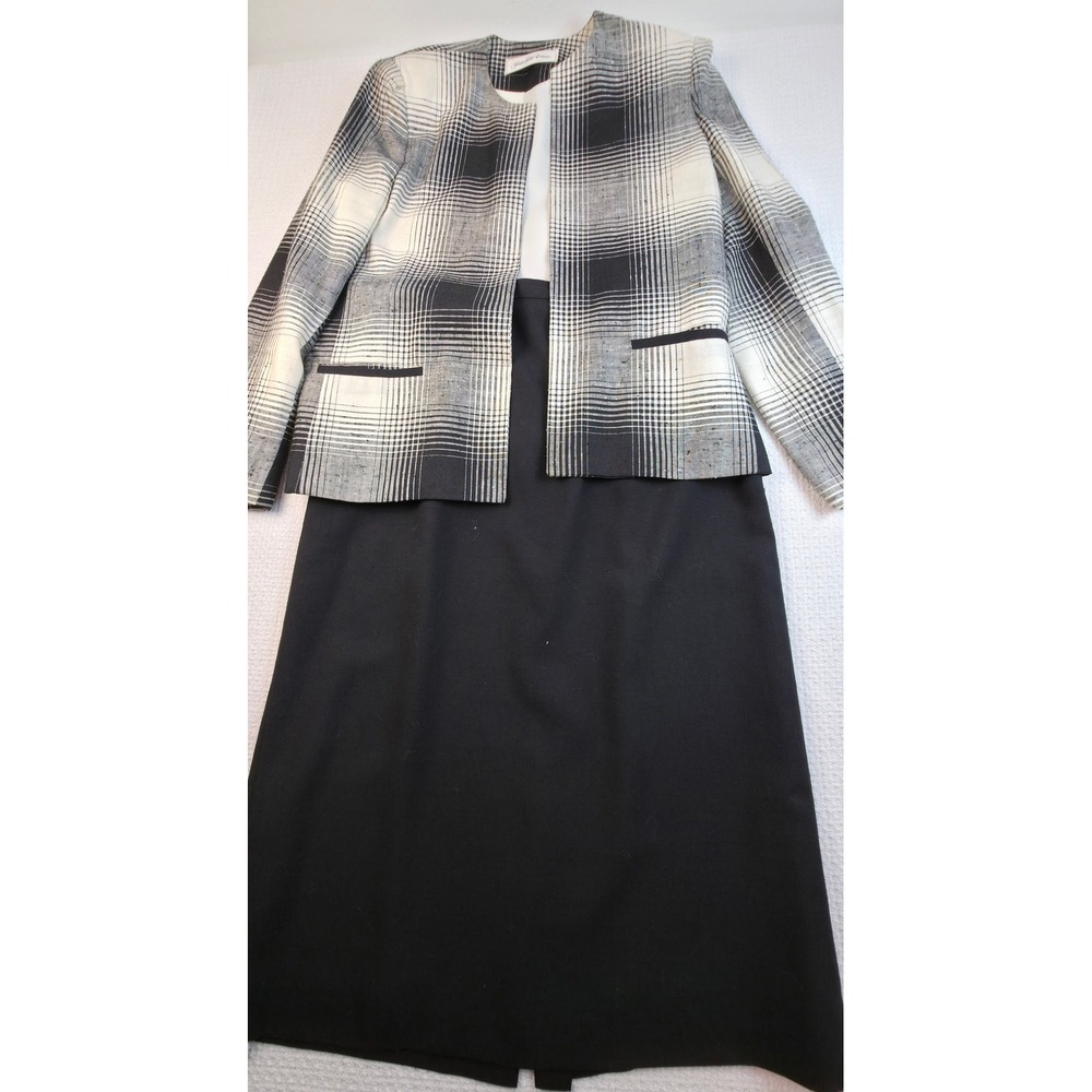 Saks Fifth Avenue Skirt Suit Womens 12 Black White Plaid Silk Blend Excellent